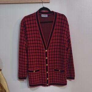 Ecco Red Plaid Cardigan with Gold Accents